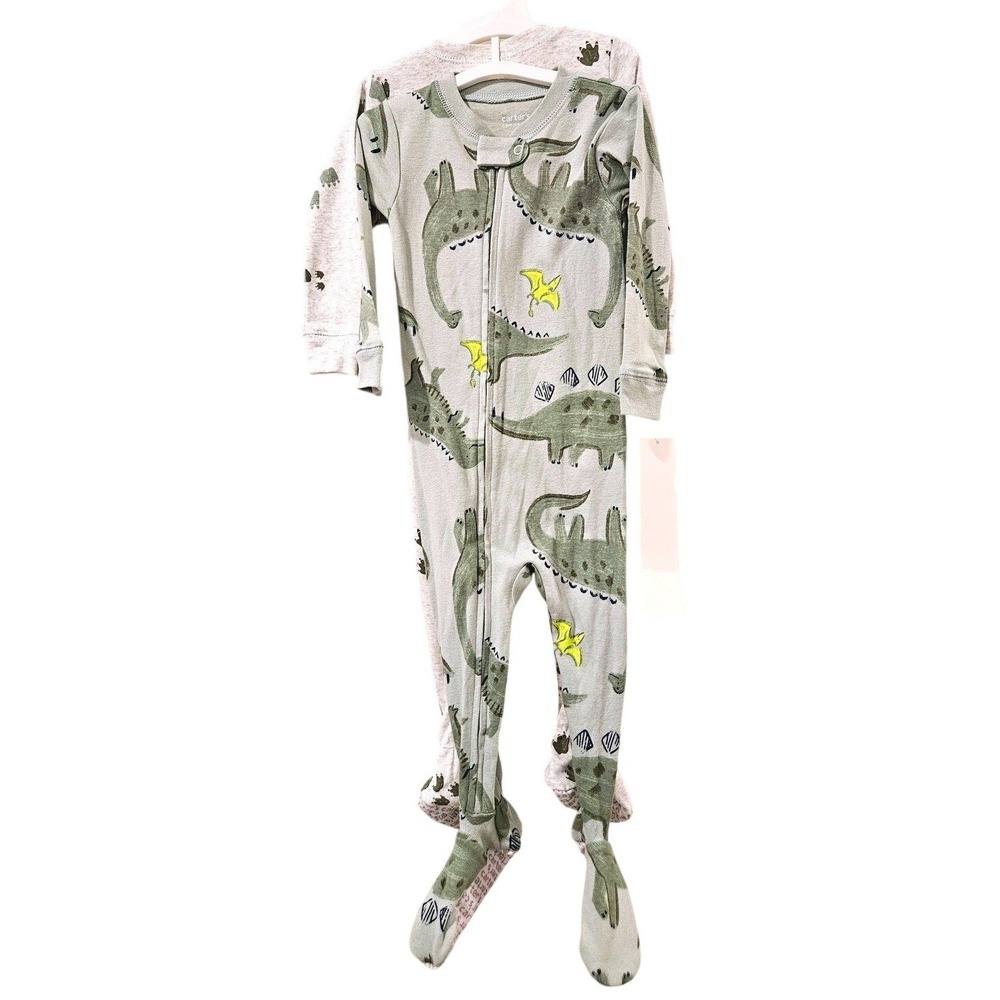 Carters 18M Dinosaur Footed Pajamas 2 Pack Green Grey Cotton NEW
